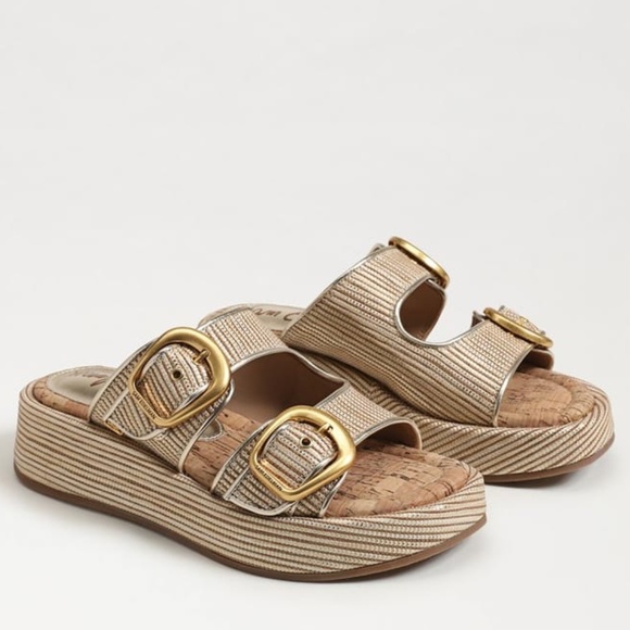new Sam Edelman Nerissa Platform Summer Slide Sandals Raffia Gold Buckle Sz 8.5 - Picture 2 of 8